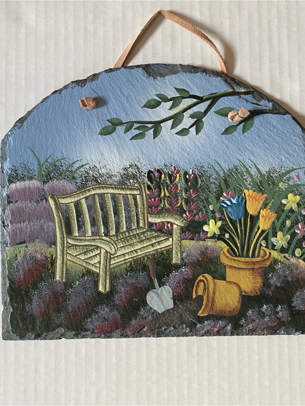Slate Wall Art Hanging Hand Painted Garden Bench With flower Pots botanical